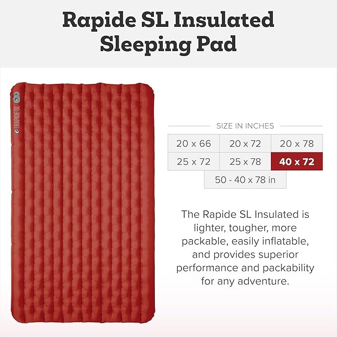 Big Agnes Rapide SL - Insulated Sleeping Pad Ultralight All Season Compact Backpacking and Hiking Pumphouse Sack Included Orange 40X72 Double Wide