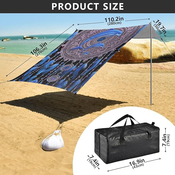 ALAZA Dolphin Dreamcatcher Beach Tent Sun Shelter UPF50+ Protection Beach Shade Canopy w/ 4 Sandbags for Outdoor Camping Fishing Backyard Fun Picnic 10x9 ft