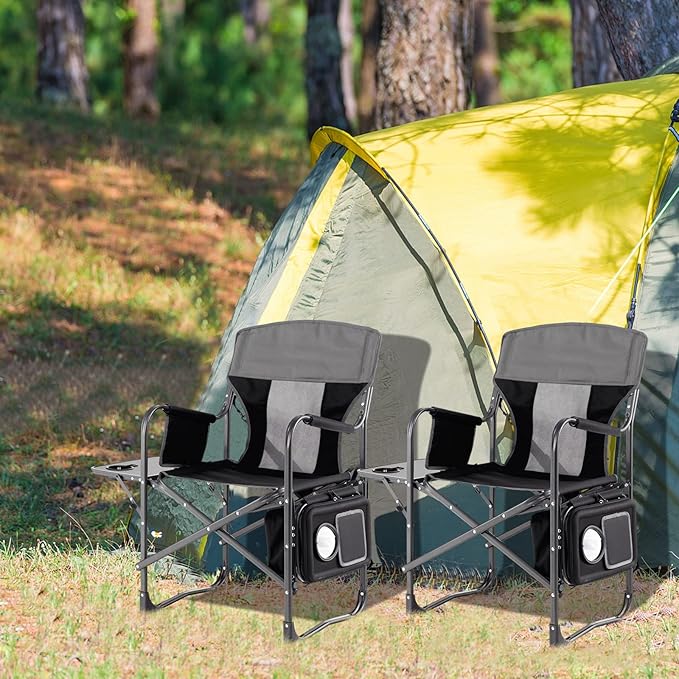 Tangkula Camping Chairs Folding Camp Chair with Side Table Cooler Bag Portable Outside Padded Lawn Chair for Travel Picnic Fishing Heavy Duty Oversized Director Chair for Adults Supports 400lbs