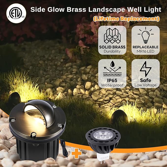 Gardenreet Landscape In Ground Well Lights - Brass LED Low Voltage Electric Ip65 Lights 12V Wired Fixture Antique Bronze for Driveway Tree Patio with 5000K Daylight White MR16 Bulb