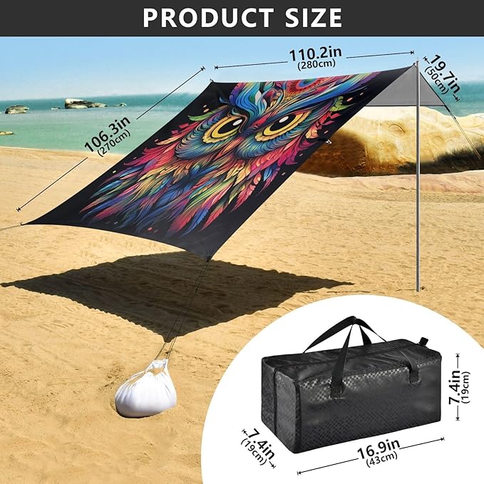 ALAZA Rainbow Owl Print Boho Beach Tent Sun Shelter UPF50+ Protection Beach Shade Canopy w/ 4 Sandbags for Outdoor Camping Fishing Backyard Fun Picnic 10x9 ft