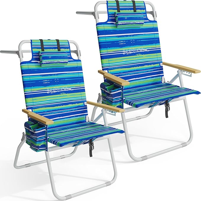 Tall Beach Chairs for Adults 17 High Backpack Beach Chair with Wooden Armrests 5 Positions Reclining Heavy Duty Chair with Large Cooler Pouch Support to 350LBS Striped Blue&ampGreen2pack