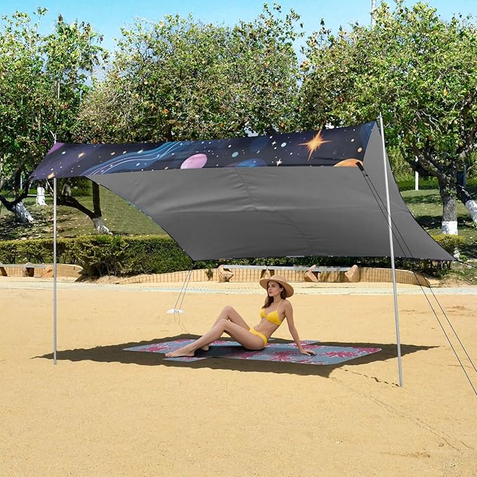 Cartoon Galaxy Beach Tent Sun Shelter 9.2' x 10.5' Beach Canopy with 4 Sandbags 4 Stability Poles Sand Shovels - Tent Canopy for Beach Camping Fishing Picnics