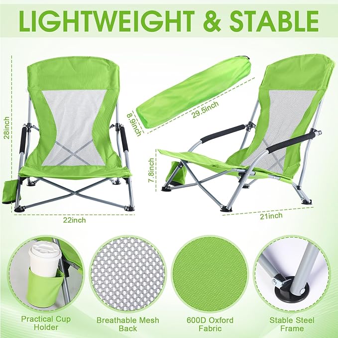 Huwena 2 Pack Beach Chair for Adult with 2 Umbrella Low Folding Chair Detachable Adjustable Lightweight with Armrests Cup Holder Carry Bag Portable for Sand Camping Travel Outdoor Pool(Fruit Green)