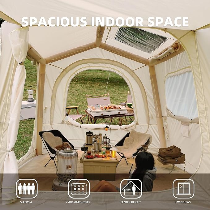 KEIKI Oxford Hot Tent for Camping 2/3/4/6/8 Person Large Inflatable Tents w/Detachable Canopy 4 Season Waterproof Tent for Hike Backpacking Stove Jack AC Port Mesh Doors Windows Pump Easy Setup