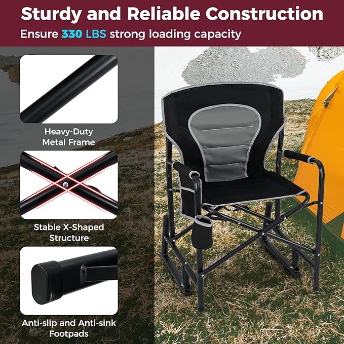 Goplus Outdoor Rocker Camping Chairs for Adults Portable Folding Chair w/Dual Springs Padded Back Cup Holder Storage Pocket Heavy-Duty Rocking Arm Chair for Beach Lawn Travel Fishing(2Black)