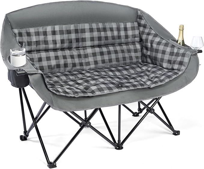 Double Camping Chairs Padded Loveseat Chair for 2 Person - Heavy Duty Oversized Camping Couch for Adults Outdoor Lawn Beach Portable Folding Sofa with Cup Holders Support 600lbs Grey
