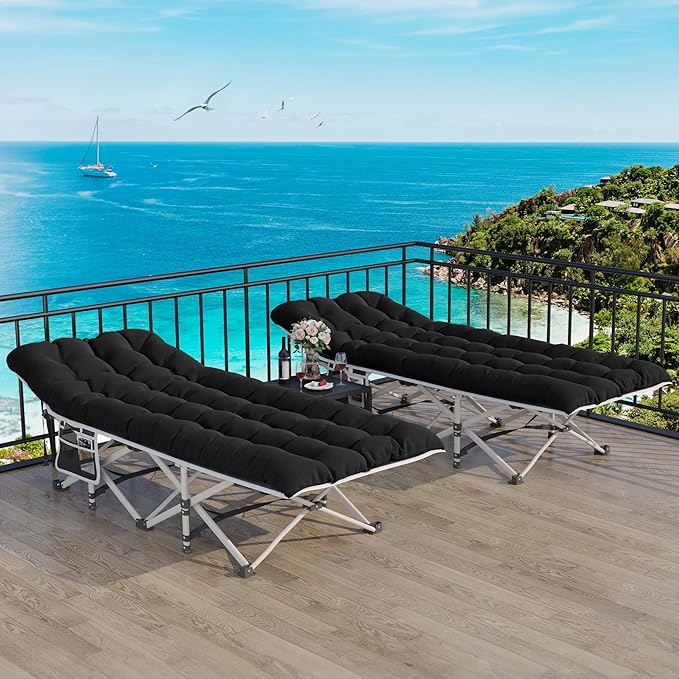 YITAHOME 2 Pcs Camping Cots w/Mattress Portable Lounge Chair Outdoor Folding Cot Heavy Duty 575 LB Capacity 1200D Oxford w/Carry Bag Travel Camp Bed for Camping Office Traveling Black