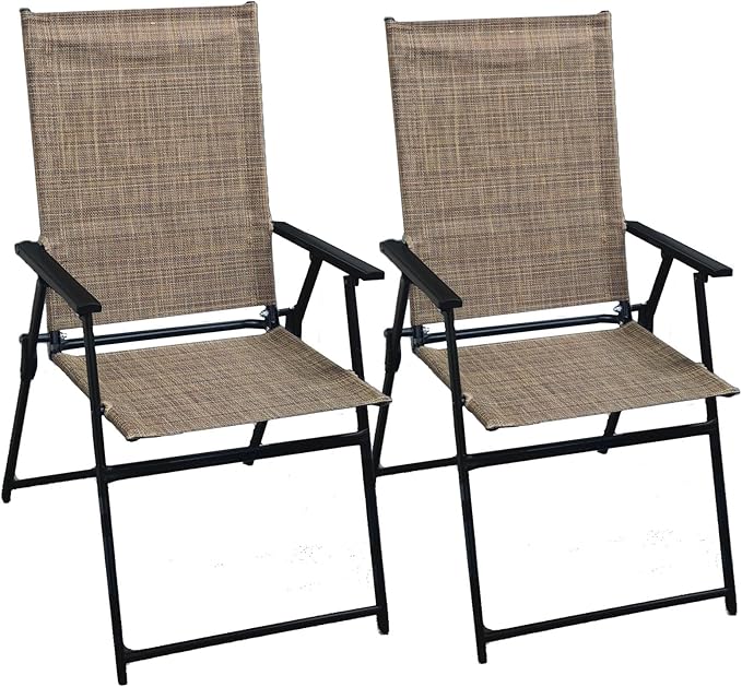SHGJ&ampSOFT Set of 2 Folding Patio Chairs Outdoor Chair with Armrests for Lawn Garden Pool Beach Yard Lounge Metal Frame No Assembly Camping Chairs (Brown 2pc)
