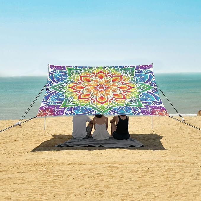 ALAZA Rainbow Mandala Flower Beach Tent Sun Shelter UPF50+ Protection Beach Shade Canopy w/ 4 Sandbags for Outdoor Camping Fishing Backyard Fun Picnic 10x9 ft