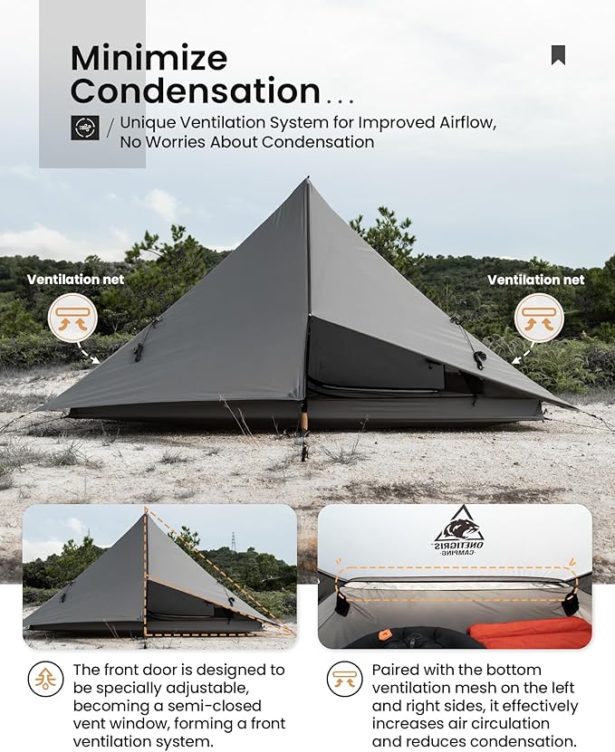 OneTigris HILLRIDGE Backpacking Tent Waterproof Windproof 2 Person Tent 20D SIL-Coated Nylon Single Layer Ultralight 3 Season Tent for Camping Hiking Canoeing Travel