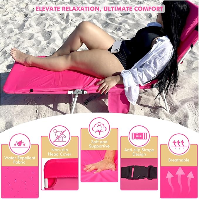3 in 1 Women Comfort Backpack Beach Tanning Lounge Chair with Cushion Face Hole Softer Adjustable Washable Layout Sun Chair for Adults Outside Reading Sunbathing Poolside 6 Position 2 Pack Pink