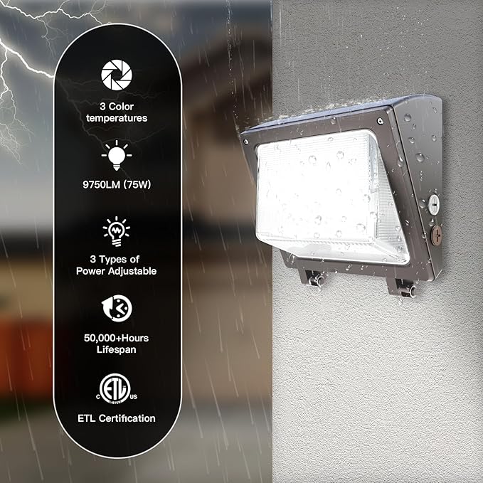 JTT LED Wall Pack Light with Dusk to Dawn PhotocellIP65 Waterproof WallPack Lights 75W/60W/45W6000K/5000K/4000K Daylight600W HPS/HID ReplacementCommercial Security Lighting for WarehouseGarage