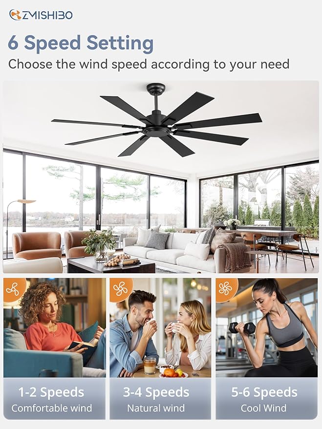 62 Inch Ceiling Fan No Light with Remote Control 8 Blades Quiet DC Reversible Motor 6-Speed Timer Black Finish Indoor Outdoor Ceiling Fans for Patios Living Room Garage