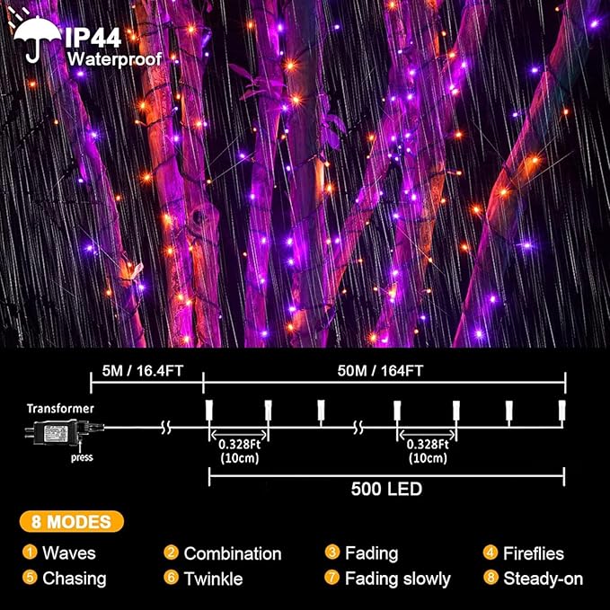 kemooie 500 LED Halloween Lights 164FT 8 Lighting Modes Plug in Waterproof Fairy Lights for Outdoor Tree Party Garden Balcony Halloween Decorations (Purple and Orange)