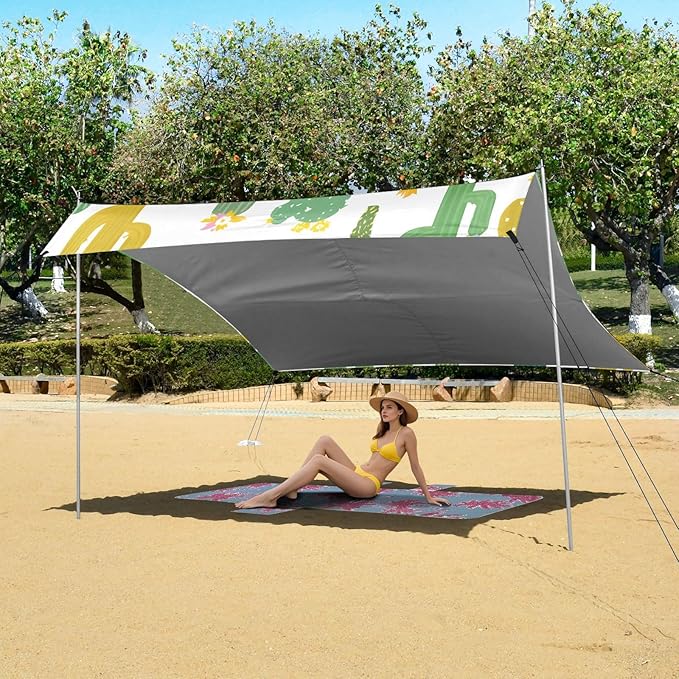 Bolaz Beach Canopy Tent Sun Shade9'×10.5' Large Family Beach Shade UPF50+- Outdoor Shade for Camping Trips FishingSimple Cactus Pattern