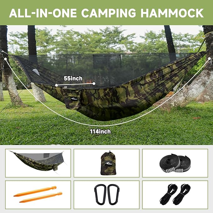 Camping Hammock with Mosquito Net and Ridge Rope Extra Large for 2 Person Lightweight Hanging Hammocks Tree Straps All-in-one Fast Open Hammock for Outside Hiking and Travel