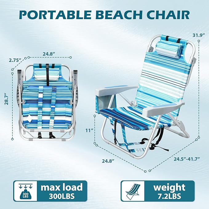2 Pack Low Beach Chairs for Adults Reclining Adjustable 5 Position Lay Flat Lightweight Folding Portable Aluminum Chair with Backpack StrapsPadded headrest Heavy Duty 300 lbs Lawn Chair