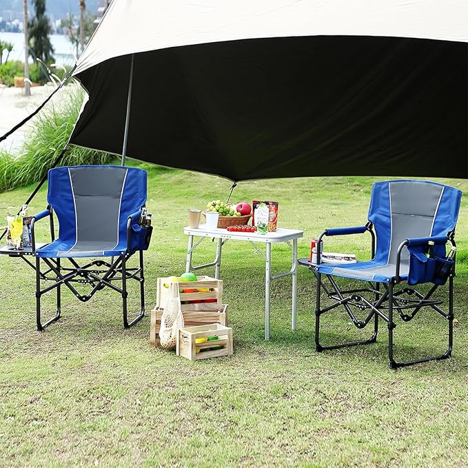 2 Pack Directors Camping Chairs with Side Table &amp Pocket Heavy Duty 400LB Capacity Portable Folding Chairs for Adults Outdoor Lawn Beach Chair for Camping Sports Backyard (Navy &amp Grey)