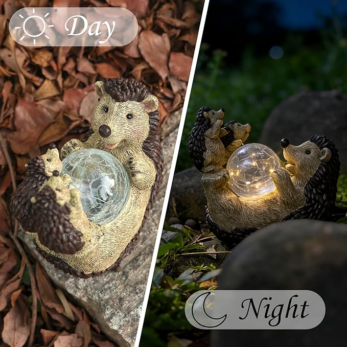 Solar Hedgehog Statue with Ball Lamp 9x5x9 Inch Outdoor Garden Decor Cute Resin Animal Figurine for Yard Pathway &amp Patio Lighting
