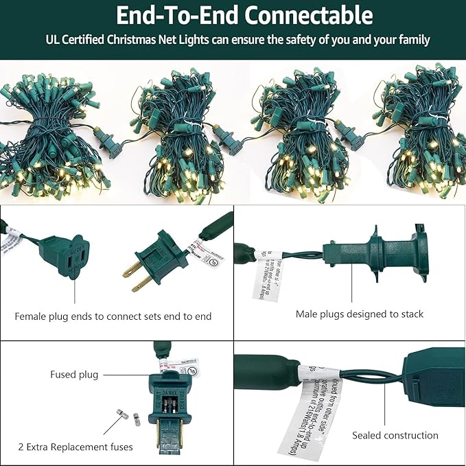 6Ftx4Ft LED Christmas Net Lights Green WireConnectable UL Certified Waterptoof Net Lights for Bushes Trees Shurb Garden Outdoor Christmas Decorations (Warm White)
