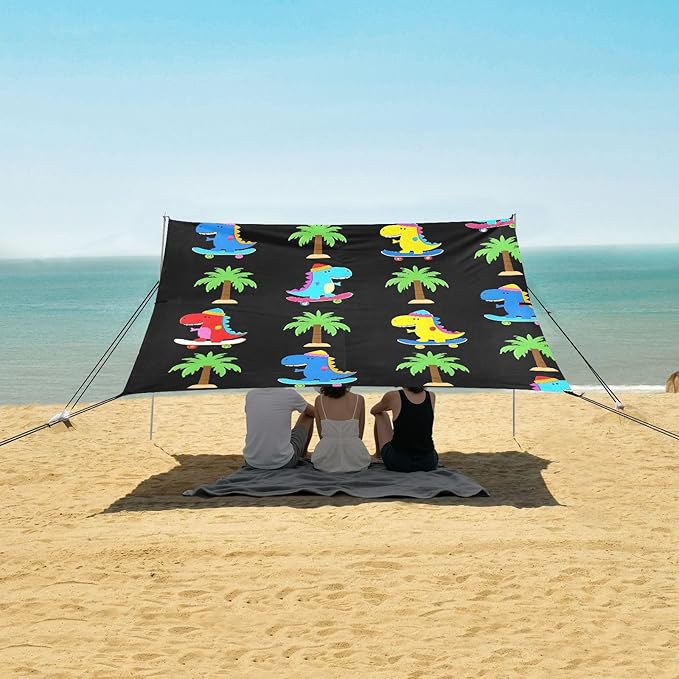 ALAZA Cute Dinosaurs Dino Palm Tree Beach Tent Sun Shelter UPF50+ Protection Beach Shade Canopy w/ 4 Sandbags for Outdoor Camping Fishing Backyard Fun Picnic 10x9 ft