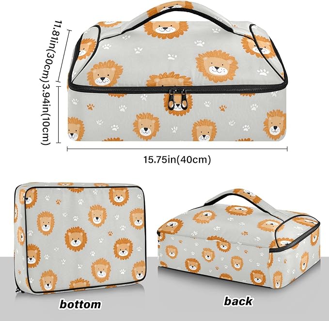 Casserole Carrier Pattern Cute Lion FacesInsulated Casserole Carrier for Hot or Cold Food Thermal Lunch Tote for Potluck Parties Picnic Beach Fits 9 x 13 Inches Baking Dish