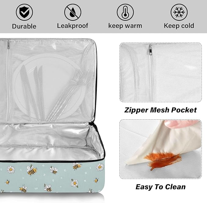 Casserole Carrier Cute Cartoon Small BeesInsulated Casserole Carrier for Hot or Cold Food Thermal Lunch Tote for Potluck Parties Picnic Beach Fits 9 x 13 Inches Baking Dish