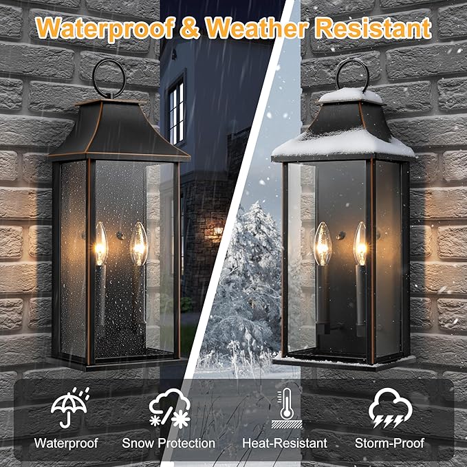 Outdoor Wall Lights Dusk to Dawn Large Outside Wall Lantern Sconce Modern Fixture with Brown Trim Exterior Lamp for House Porch Garage 2-Light (20.6 Inch Black)