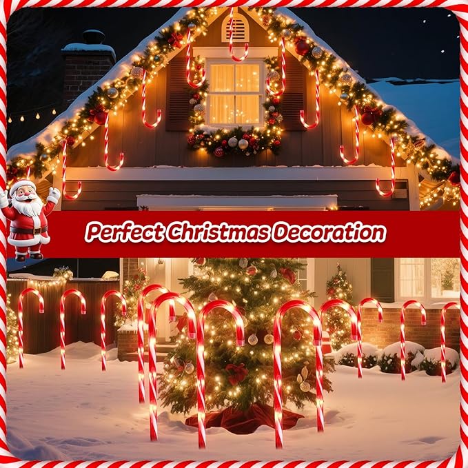 12Pack Christmas Decorations Candy Cane Lights16 Lighted Pathway Makers Lights with 72 Warm Lights Connectable Christmas Lights Outdoor Walkway Sidewalk Candy Canes Yard Lawn Decor