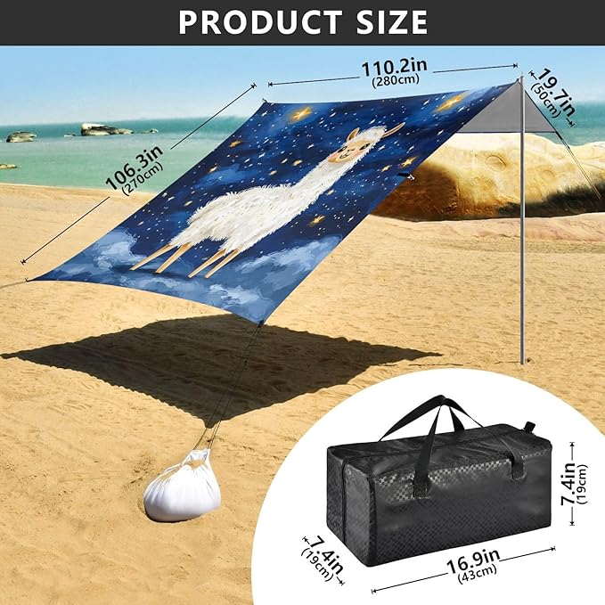 ALAZA Llama Alpaca Starry Stars Beach Tent Sun Shelter UPF50+ Protection Beach Shade Canopy w/ 4 Sandbags for Outdoor Camping Fishing Backyard Fun Picnic 10x9 ft