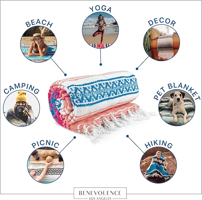 Benevolence LA Authentic Handwoven Mexican Blanket | Yoga Blankets Outdoor Picnic Beach Camping | Equestrian Saddle | Serape 50x70 inches - Coral Pack of 1