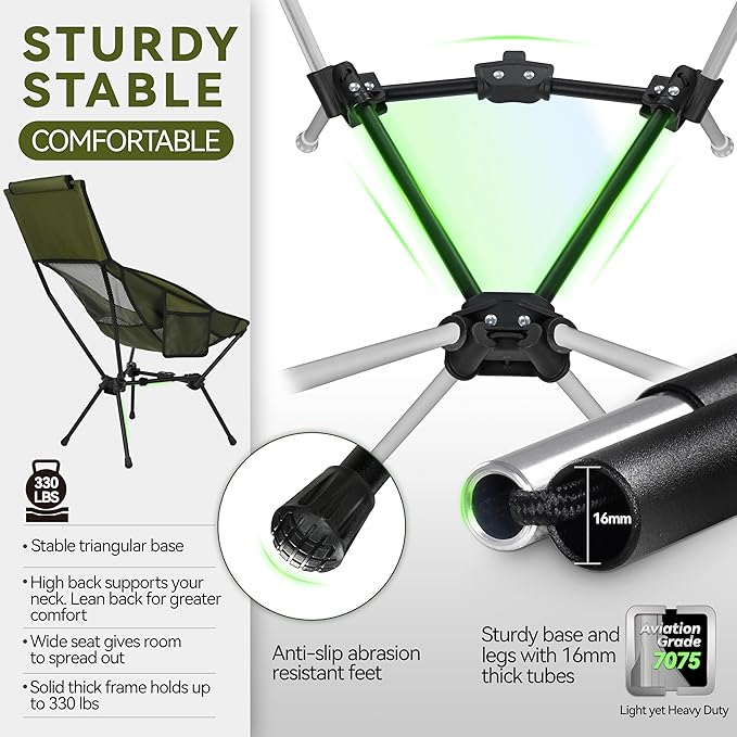 MARCHWAY Lightweight Folding High Back Camping Chair with Head Support Stable Portable Compact for Outdoor Camp Travel Beach Picnic Festival Hiking Backpacking (Highback Green)