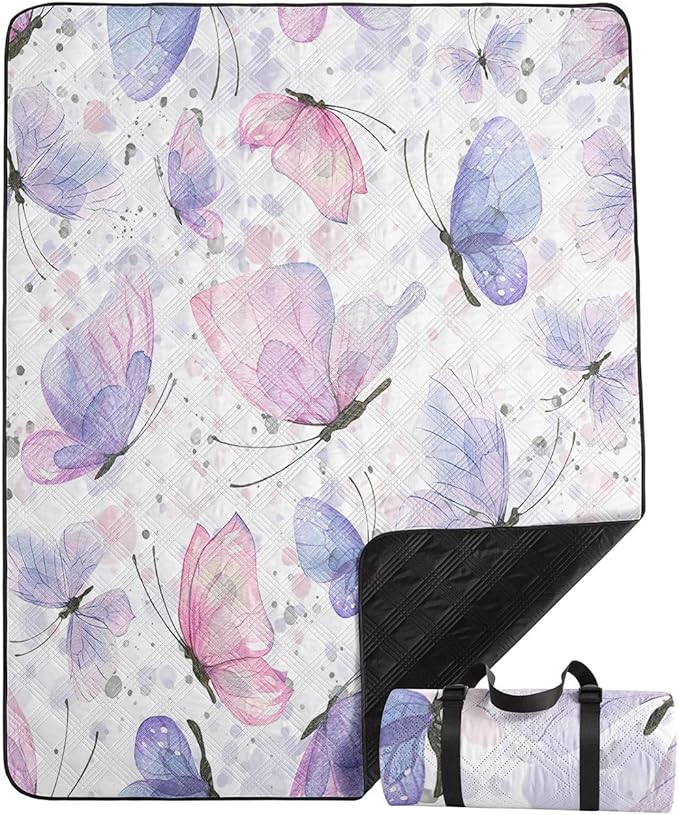 Outdoor Picnic BlanketPortable Sandproof Waterproof Picnic MatPink Butterfly Printed Camping Beach Mat for Sand and Wet Grass Hiking (Pink Butterfly S)