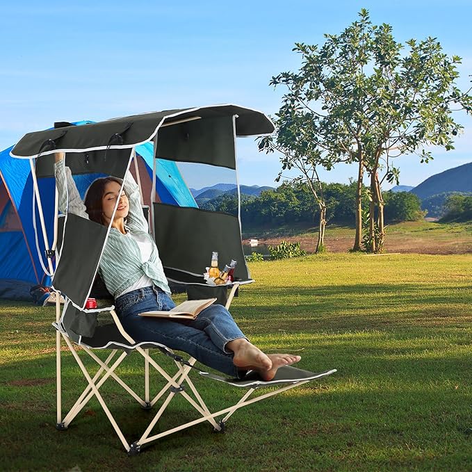 Camping Chairs with Shade Sports Chair with Canopy Folding Camping Chair with Cooler and Cup Holder Foldable and Lightweight for Camping Sports Events &amp Patio (1-Pack with Footrest)