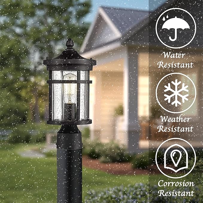 Bestshared Outdoor Post Light 13.75 Height Exterior Post Lighting Fixture Outdoor Patio Post Lantern for Pathway Driveway Front/Back Door Post Lamp in Black Finish with seeded Glass
