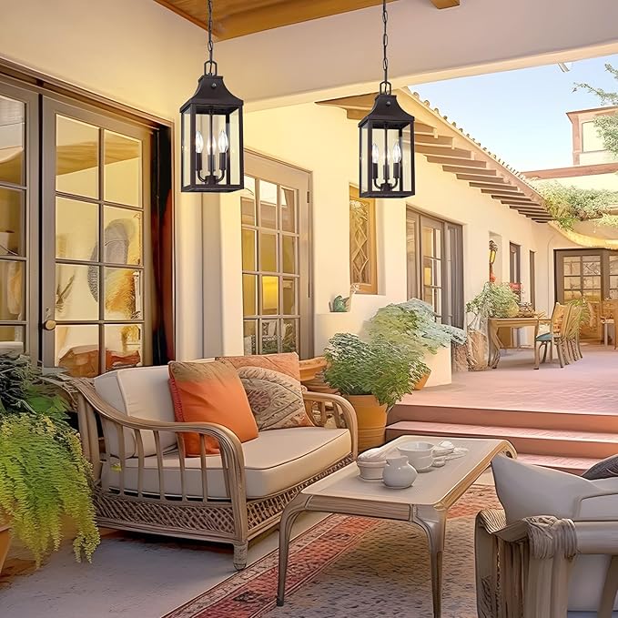 15.5'' Large Outdoor Pendant Light Fixtures 3-Light Dusk to Dawn Exterior Hanging Lantern Porch Light Adjustable Brown Hanging Lamp Farmhouse Exterior Chandelier Ceiling Mount for Entrance Patio