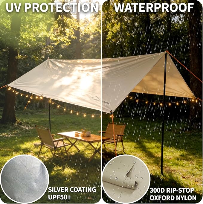 DANCHEL OUTDOOR 13x9.8ft Large Waterpoof Camping Nylon Tarp Canopy Tent Canopy Sun Shelter Glamping Awning Accessories Khaki