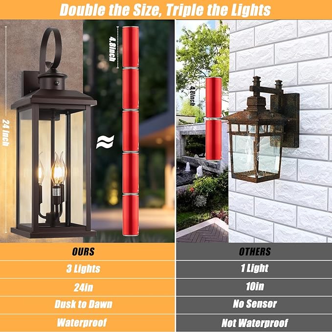 24 Dusk to Dawn Outdoor Wall Sconce: Bronze Large Porch Light 3-Light Waterproof Modern Exterior Lighting Fixture Wall Mounted Outside Lamp for House Garage E12