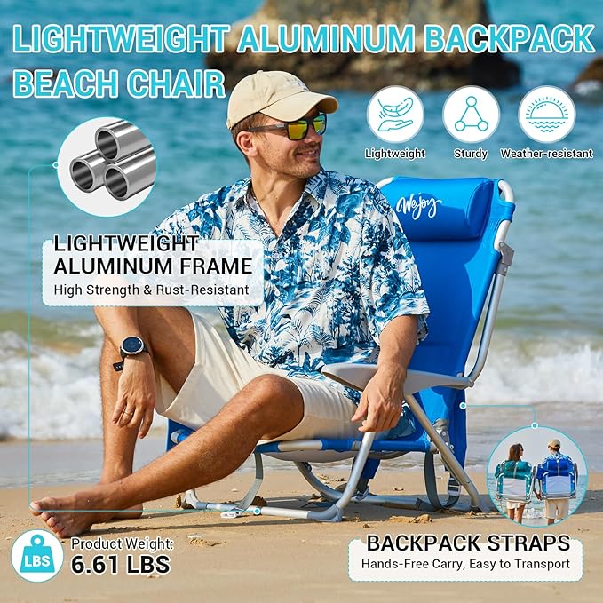 #WEJOY Beach Chair for Adults Reclining Adjustable Position Lay Flat Lightweight Folding Portable Aluminum Chair with Backpack StrapsPadded headrest Heavy Duty 400 lbs Lawn Chair for Beach Sand