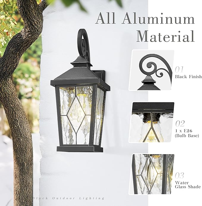 Emliviar Outdoor Porch Light 16 Inch Farmhouse Wall Mount Fixture with Water Glass Shade Matte Black Carriage Light for House Yard Garden Patio WE301B-SD BK