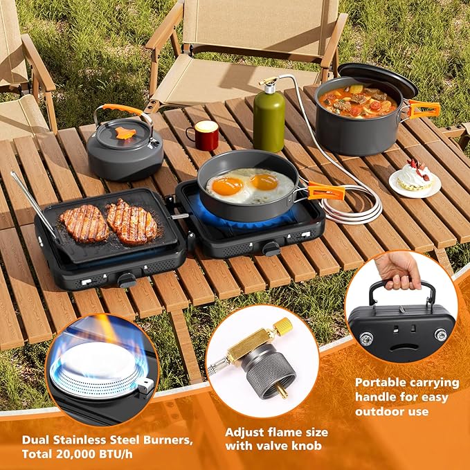 Hisencn Camping Stove2 Burner Propane Stove20000 BTU/h Camping Cooking set Includes Frying PanKettle and PotAdjustable Burners &amp Piezo IgnitionPortable stove for camping OutdoorBlack