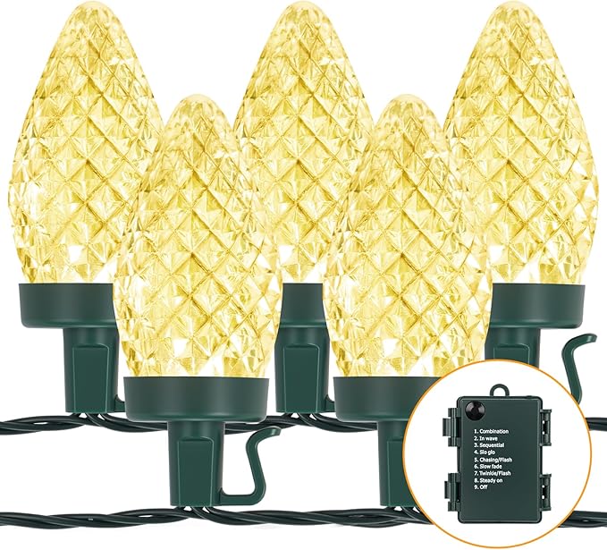Brightever C9 Battery Christmas Lights 35FT 50LED Christmas Tree Lights Indoor with Timer &amp 8 Lighting Modes Waterproof Battery String Light for Party Wedding X-mas Decoration Warm White 1-Pac
