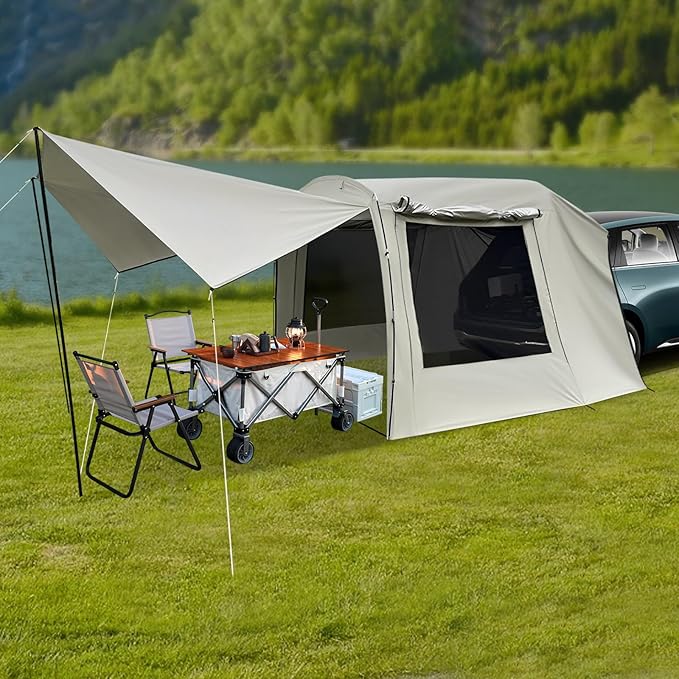 4-6 People Car Awning Outdoor Tent SUV Tent Attachment for Camping Foldable Car Camping Tent Car Tail-Extension Tents for SUVs MPVs 2-Door Sedans