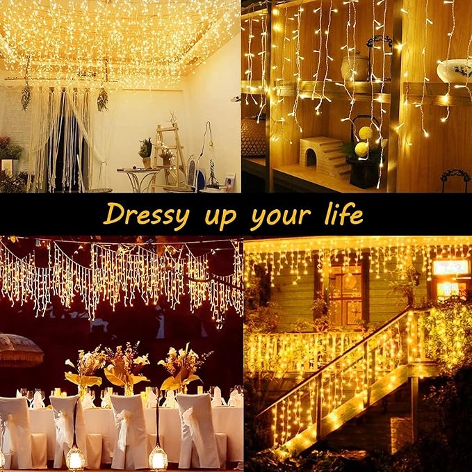 KNONEW 99ft 960 LED Christmas Lights Outdoor Decorations with 180 Drops 8 Modes Curtain Fairy Light Clear Wire LED String Light Indoor Decor for Wedding Party Christmas(Warm White)