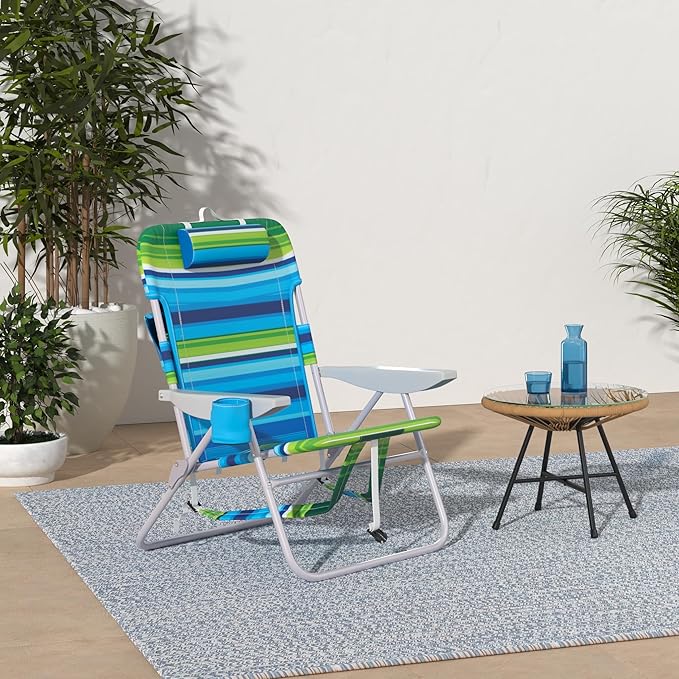 RIO beach Big Boy Folding 13 Inch High Seat Backpack Beach or Camping Chair Aluminum Green/Blue Stripe