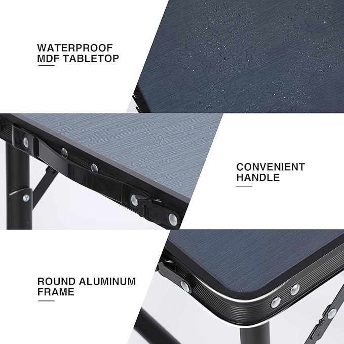 RedSwing Small Folding Table Adjustable Height Lightweight and Portable Aluminum Frame Camping Table for Outdoor Indoor Picnic 2 Feet Grey