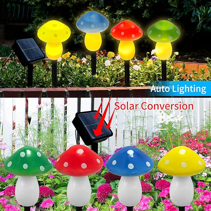 4Pcs Mushroom Solar Lights Outdoor Waterproof Fairy Houses Light Mushroom Garden Decor Decorative Solar Powered Garden Stake Lights for Outside Lawn Walkway Patio Yard (Red/Yellow/Green/Blue)