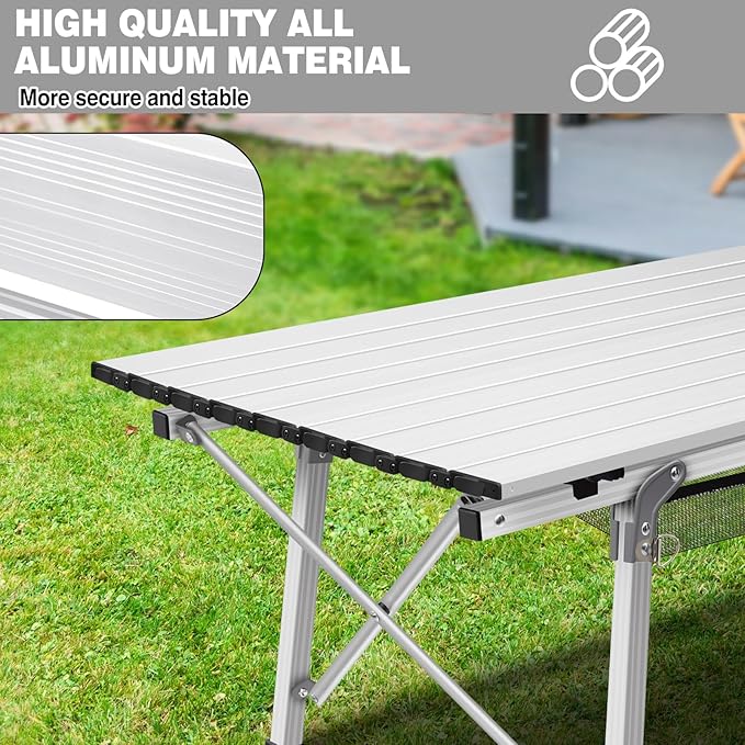 Portable Camping Table with Adjustable Height Legs and Lightweight Aluminum Roll Up for Outdoor Activities Beach Fishing Garden BBQ.