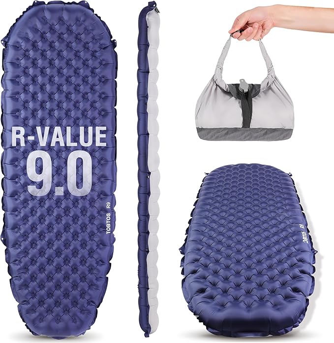 TOBTOS Camping Sleeping Pad with 9.0 R-Value 4 Thick Inflatable Camping Mattress for All Season Compact Insulated Sleeping Mat for Backpacking &amp Hiking (Mummy)